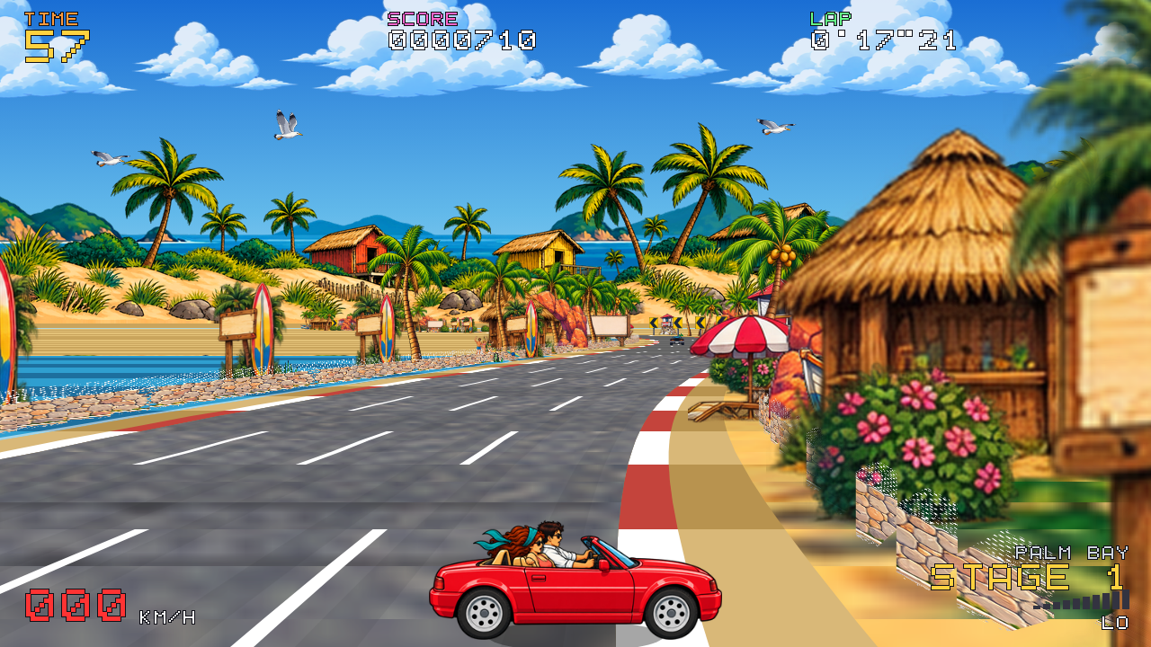 In-game: a red roadster on a beach stage, HUD showing TIME, SCORE, LAP, speed and the stage name PALM BAY