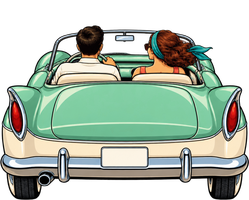 A mint-and-cream 1950s-style roadster seen from behind