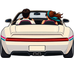 A pearl-white 80s sports roadster with magenta and cyan stripes, seen from behind