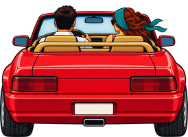 A red convertible roadster seen from behind