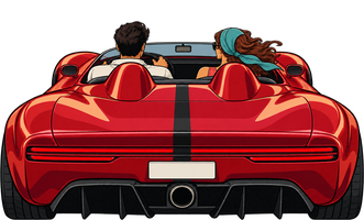 A red super-sports speedster with a black centre stripe, seen from behind