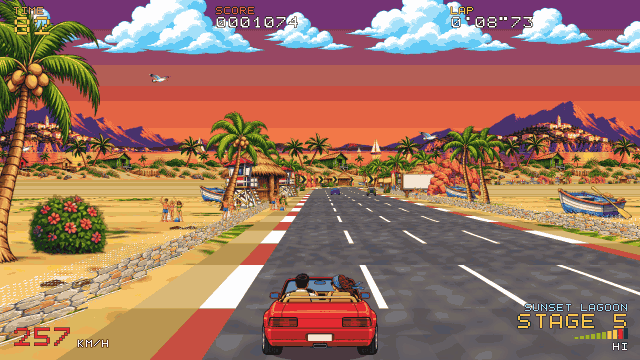 Driving past palm trees and chevron signs on a beach stage