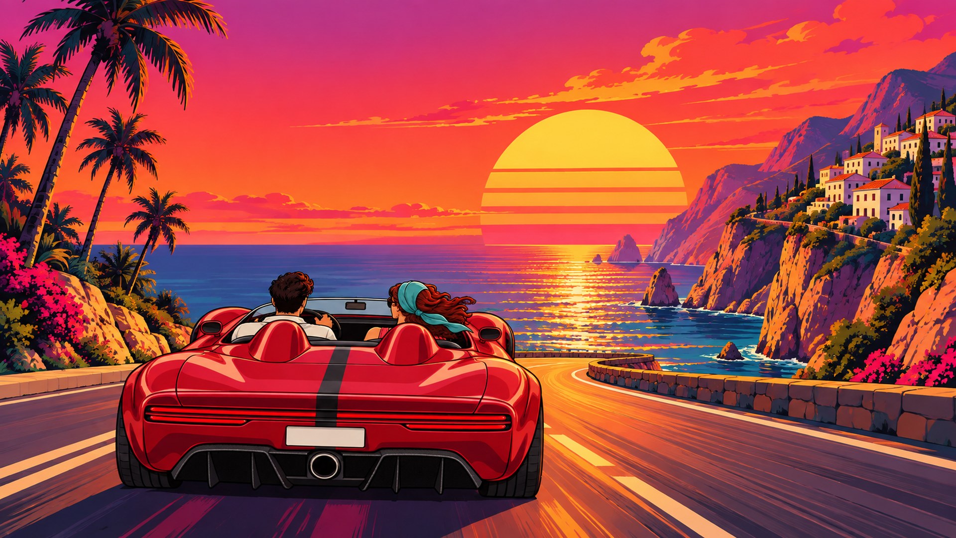 TEB RUN key art: a convertible on a coastal road at sunset