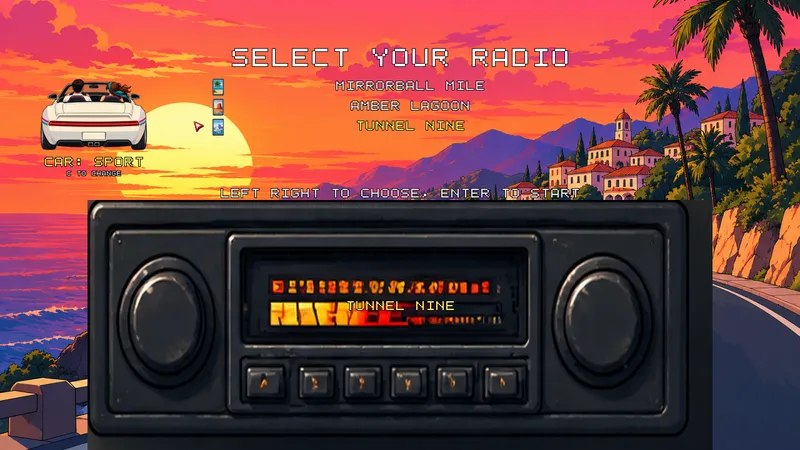 The radio screen: three songs to choose from, the white sports car selected, and a big dashboard radio