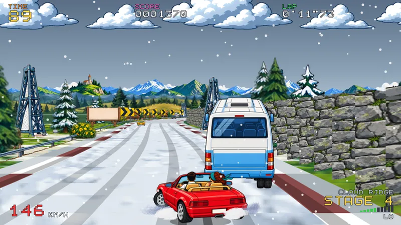 The red roadster following a van along a snowy mountain road